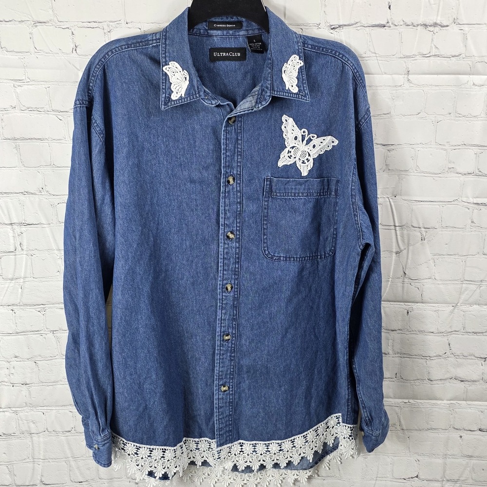 Ultra Clum Cypress Denim Lace Accents Butterfly Button Up Size‎ Large B-C